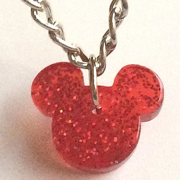 Silver Disney Mickey Mouse Ears Necklace 20" Walt Disneyana World Red Plated - Picture 3 of 9